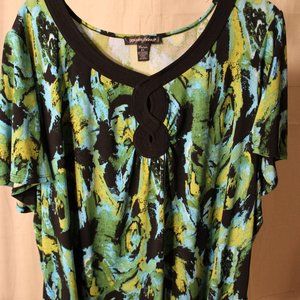 DESIGNERS ORIGINAL green/black/aqua blouse. Size 2X